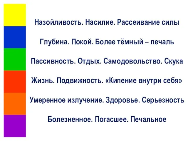 Назойливость. Насилие. Рассеивание силы Глубина. Покой. Более тёмный – печаль Пассивность.