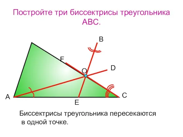 Постройте три биссектрисы треугольника АВС. А В С D F E