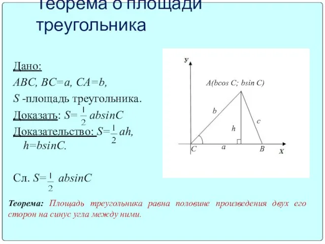 Теорема о площади треугольника Дано: ABC, BC=a, CA=b, S -площадь треугольника.