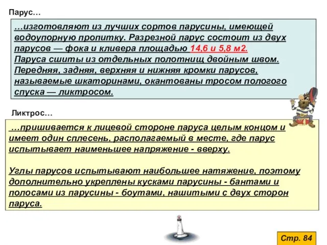 Парус… …изготовляют из лучших сортов парусины, имеющей водоупорную пропитку. Разрезной парус