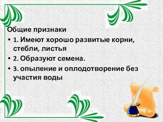 Общие признаки 1. Имеют хорошо развитые корни, стебли, листья 2. Образуют