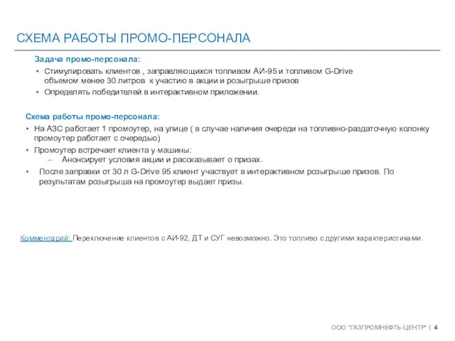 СХЕМА РАБОТЫ ПРОМО-ПЕРСОНАЛА Задача промо-персонала: Стимулировать клиентов , заправляющихся топливом АИ-95