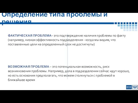 Определение типа проблемы и решения ФАКТИЧЕСКАЯ ПРОБЛЕМА– это подтверждение наличия проблемы