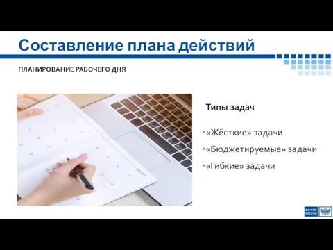 Составление плана действий Типы задач «Жёсткие» задачи «Бюджетируемые» задачи «Гибкие» задачи ПЛАНИРОВАНИЕ РАБОЧЕГО ДНЯ