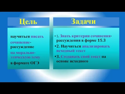 Цель научиться писать сочинение-рассуждение на морально-этическую тему в формате ОГЭ Задачи