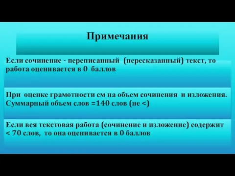 Примечания Если сочинение - переписанный (пересказанный) текст, то работа оценивается в