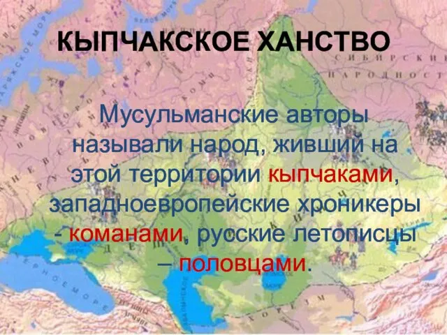 КЫПЧАКСКОЕ ХАНСТВО Мусульманские авторы называли народ, живший на этой территории кыпчаками,