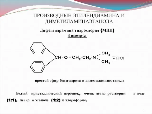 ПРОИЗВОДНЫЕ ЭТИЛЕНДИАМИНА И ДИМЕТИЛАМИНАЭТАНОЛА Дифенгидрамина гидрохлорид (МНН) Димедрол простой эфир бензгидрола