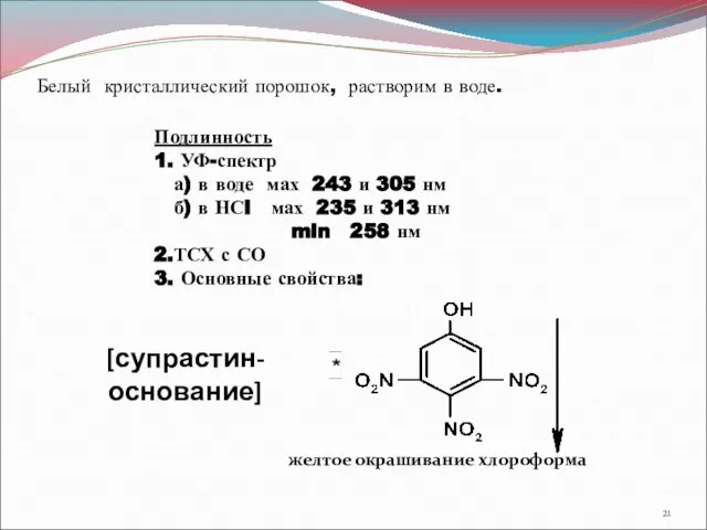 Подлинность 1. УФ-спектр а) в воде мах 243 и 305 нм