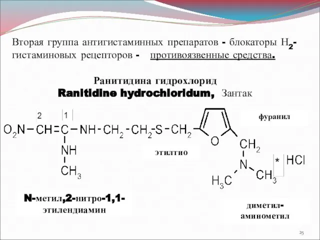 N-метил,2-нитро-1,1-этилендиамин диметил-аминометил этилтио фуранил Вторая группа антигистаминных препаратов - блокаторы Н2-гистаминовых