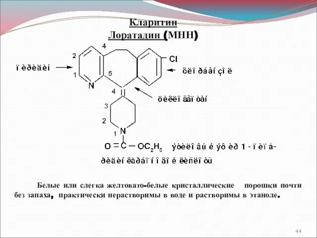 Кларитин Лоратадин (МНН) Белые или слегка желтовато-белые кристаллические порошки почти без