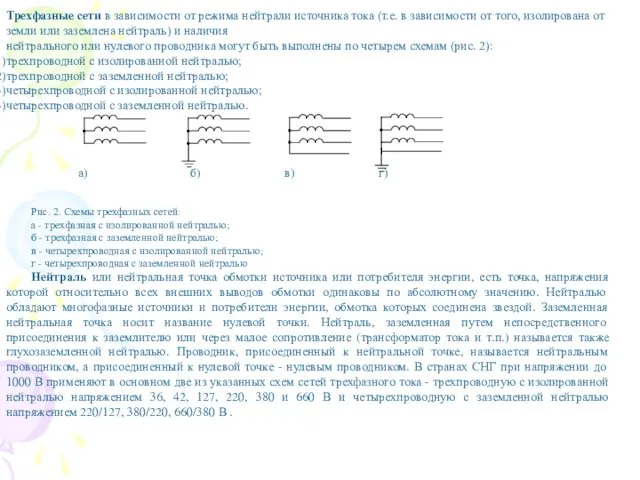 Трехфазные сети в зависимости от режима нейтрали источника тока (т.е. в
