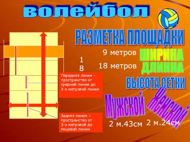 волейбол ШИРИНА РАЗМЕТКА ПЛОЩАДКИ ДЛИННА ВЫСОТА СЕТКИ Мужской Женской 9 метров