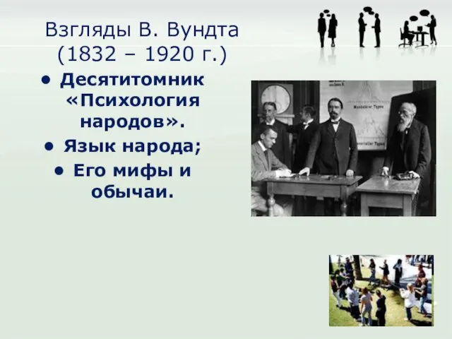 Взгляды В. Вундта (1832 – 1920 г.) Десятитомник «Психология народов». Язык народа; Его мифы и обычаи.