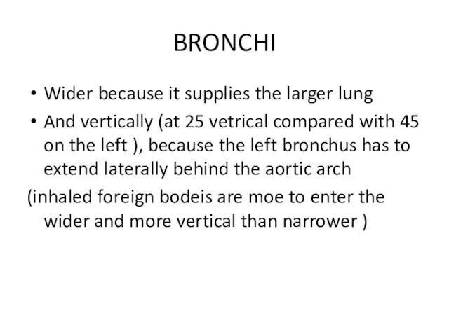 BRONCHI Wider because it supplies the larger lung And vertically (at