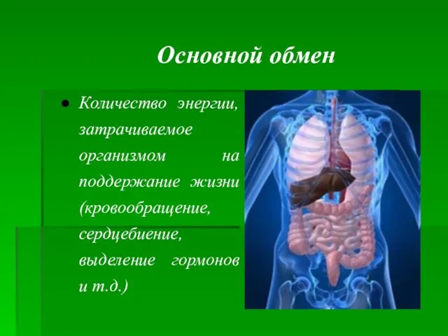 Основной обмен Количество энергии, затрачиваемое организмом на поддержание жизни (кровообращение, сердцебиение, выделение гормонов и т.д.)