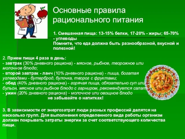 Основные правила рационального питания 1. Смешанная пища: 13-15% белки, 17-20% -