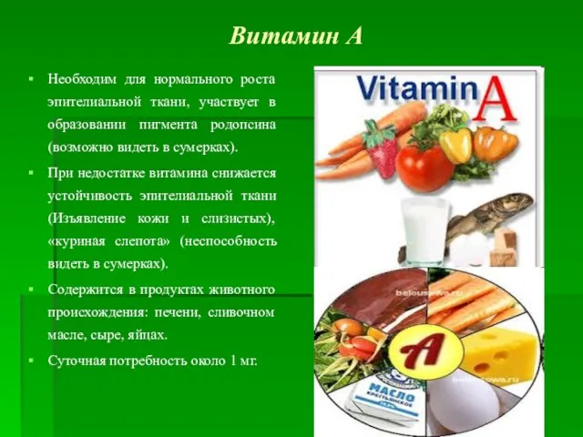 Витамин А Необходим для нормального роста эпителиальной ткани, участвует в образовании