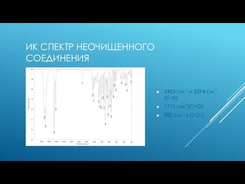 ИК СПЕКТР НЕОЧИЩЕННОГО СОЕДИНЕНИЯ 3455 см-1 и 3394 см-1 (O-H); 1711 см-1(С=О); 980 см-1 (-О-О-).