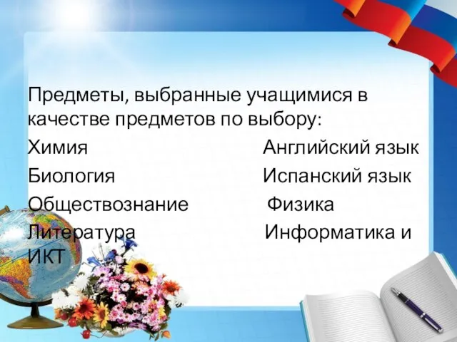 Предметы, выбранные учащимися в качестве предметов по выбору: Химия Английский язык