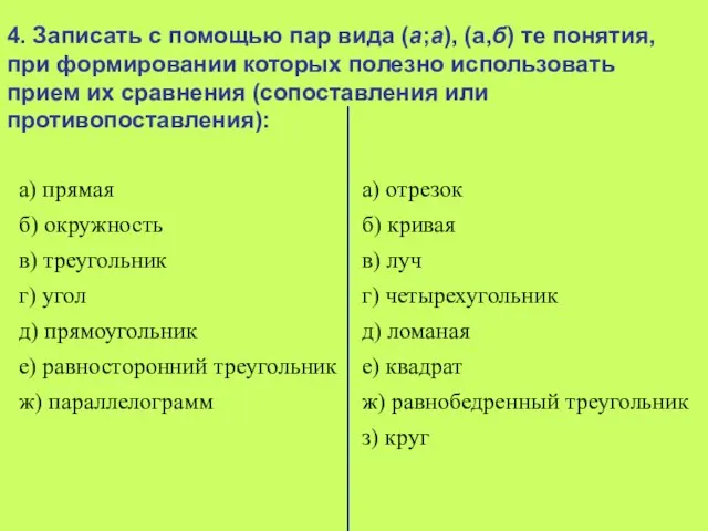 4. Записать с помощью пар вида (а;а), (а,б) те понятия, при