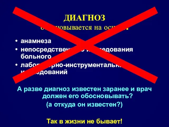 ДИАГНОЗ обосновывается на основе: анамнеза непосредственного исследования больного лабораторно-инструментальных исследований А