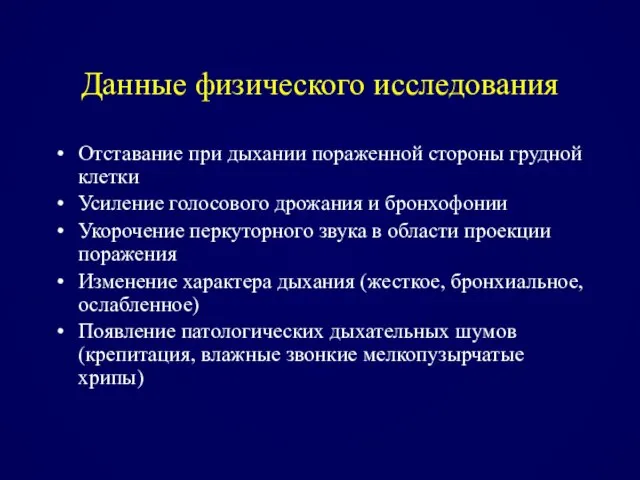 Данные физического исследования Отставание при дыхании пораженной стороны грудной клетки Усиление