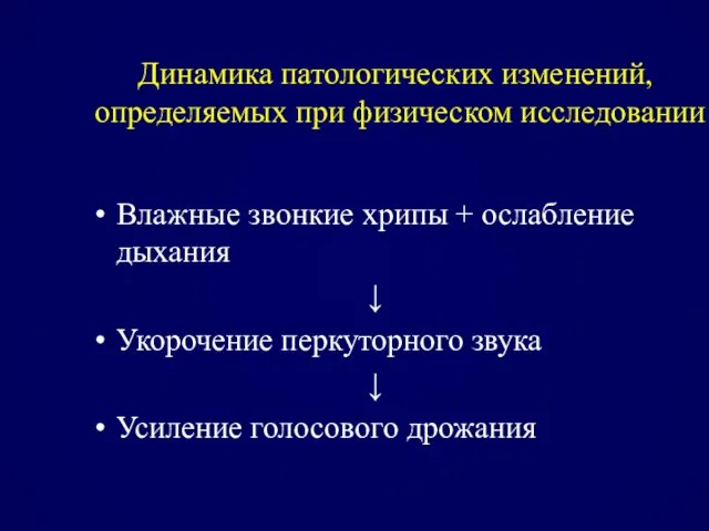 Динамика патологических изменений, определяемых при физическом исследовании Влажные звонкие хрипы +