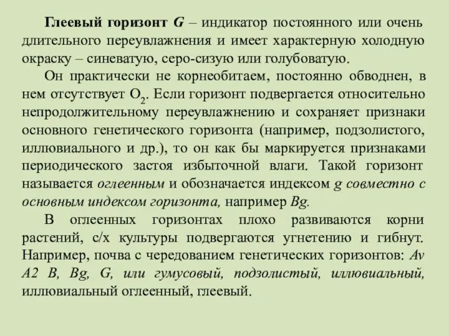 Глеевый горизонт G – индикатор постоянного или очень длительного переувлажнения и