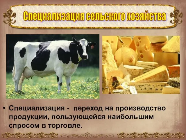 Специализация - переход на производство продукции, пользующейся наибольшим спросом в торговле. Специализация сельского хозяйства