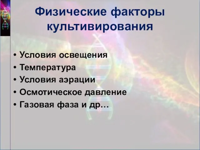 Физические факторы культивирования Условия освещения Температура Условия аэрации Осмотическое давление Газовая фаза и др…