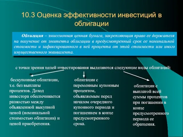 10.3 Оценка эффективности инвестиций в облигации Облигация – эмиссионная ценная бумага,