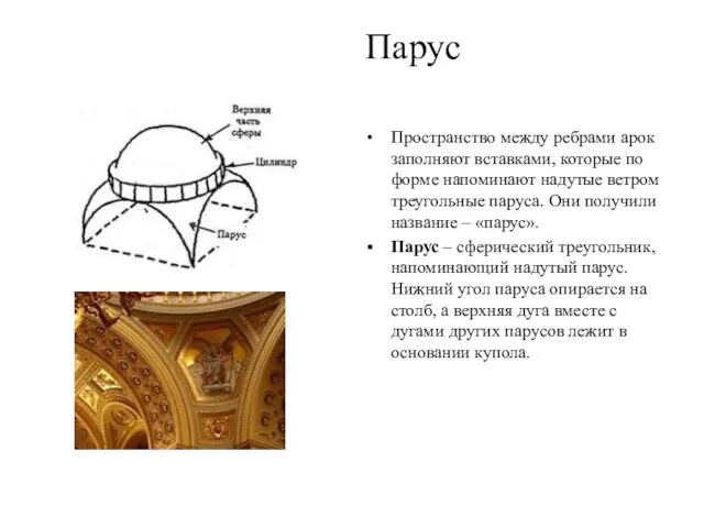 Парус Пространство между ребрами арок заполняют вставками, которые по форме напоминают