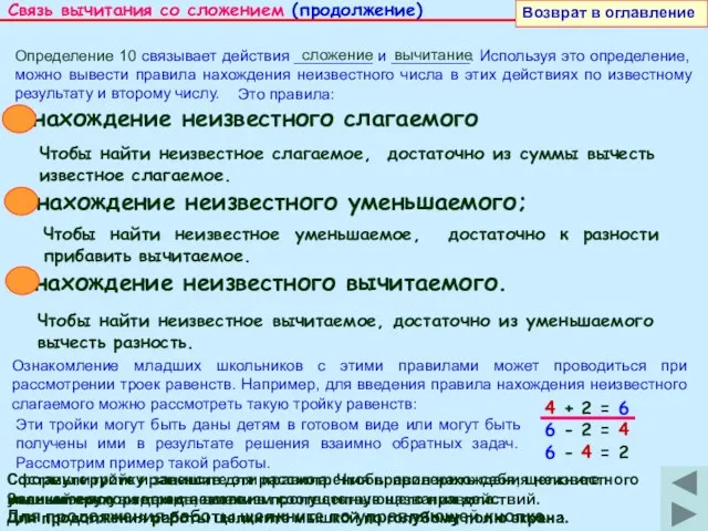 Связь вычитания со сложением (продолжение) Возврат в оглавление Определение 10 связывает