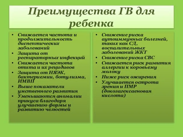 Преимущества ГВ для ребенка Снижается частота и продолжительность диспептических заболеваний Защита