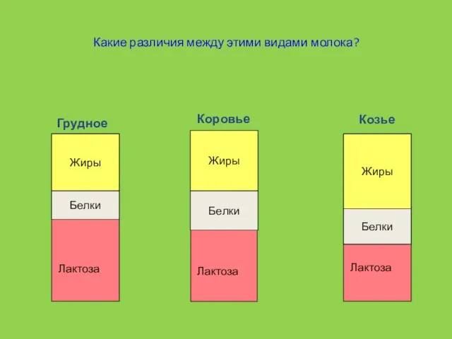 Какие различия между этими видами молока? Белки Грудное Коровье Козье Лактоза