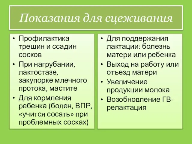 Показания для сцеживания Профилактика трещин и ссадин сосков При нагрубании, лактостазе,