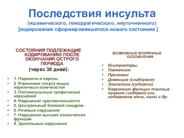 Последствия инсульта (ишемического, геморрагического, неуточненного) [кодирование сформировавшегося нового состояния ] СОСТОЯНИЯ