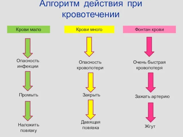 Алгоритм действия при кровотечении Крови мало Крови много Фонтан крови Опасность