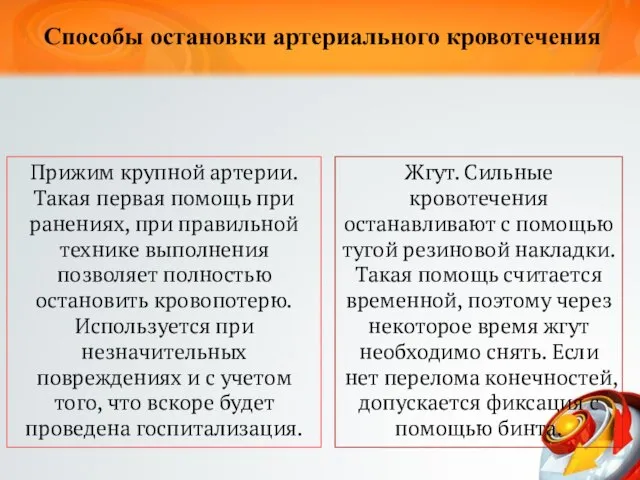 Способы остановки артериального кровотечения Прижим крупной артерии. Такая первая помощь при