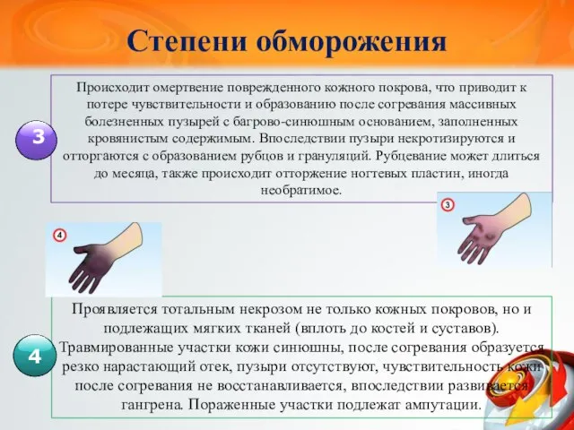 Происходит омертвение поврежденного кожного покрова, что приводит к потере чувствительности и