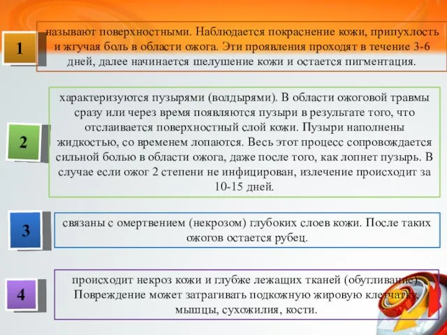 1 называют поверхностными. Наблюдается покраснение кожи, припухлость и жгучая боль в