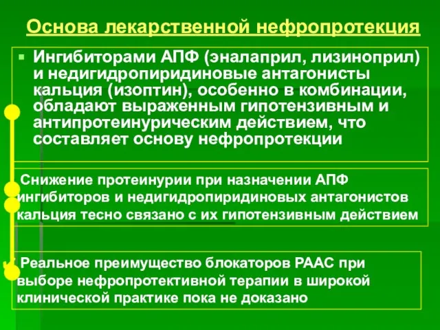 Основа лекарственной нефропротекция Ингибиторами АПФ (эналаприл, лизиноприл) и недигидропиридиновые антагонисты кальция