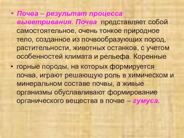 Почва – результат процесса выветривания. Почва представляет собой самостоятельное, очень тонкое