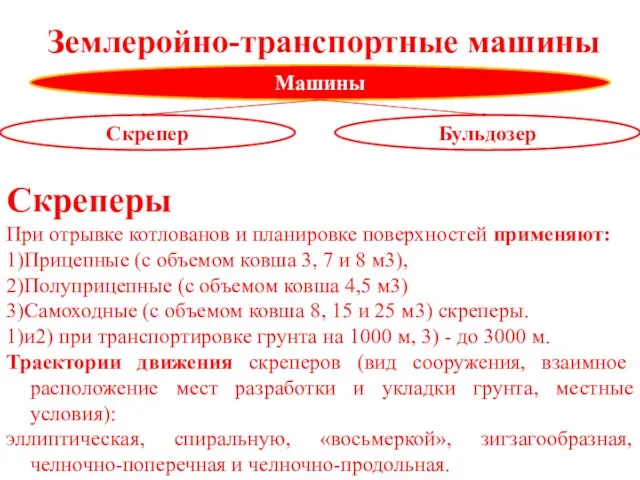 Землеройно-транспортные машины Скреперы При отрывке котлованов и планировке поверхностей применяют: 1)Прицепные