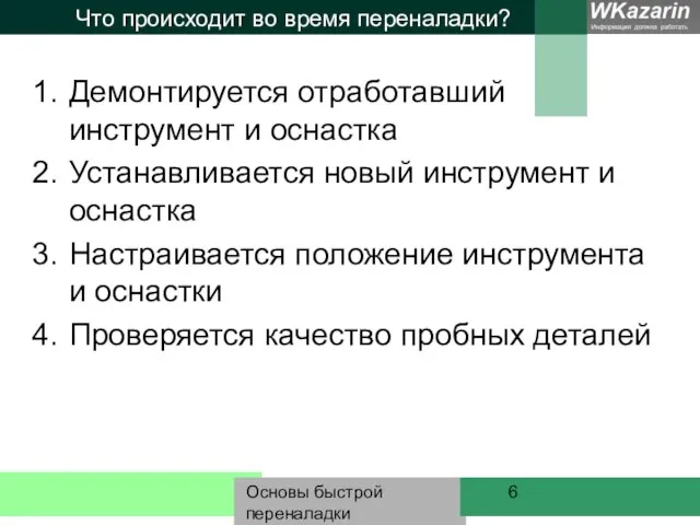 Основы быстрой переналадки Что происходит во время переналадки? Демонтируется отработавший инструмент