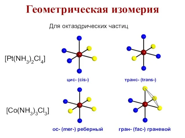 ос- (mer-) реберный гран- (fac-) граневой Для октаэдрических частиц [Pt(NH3)2Cl4] [Co(NH3)3Cl3]