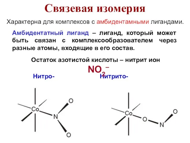 Характерна для комплексов с амбидентамными лигандами. Амбидентатный лиганд – лиганд, который