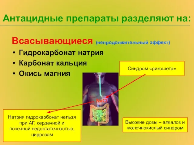 Антацидные препараты разделяют на: Всасывающиеся (непродолжительный эффект) Гидрокарбонат натрия Карбонат кальция