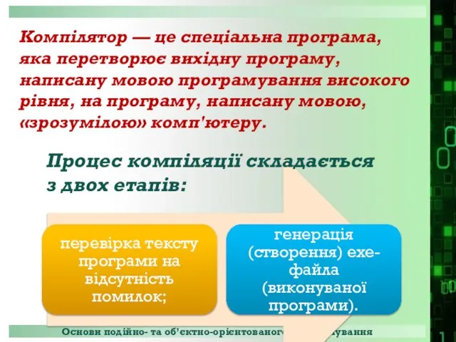 Компілятор — це спеціальна програма, яка перетворює вихідну програму, написану мовою